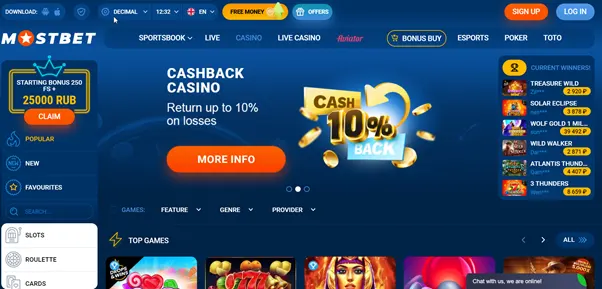 MostBet casino website page